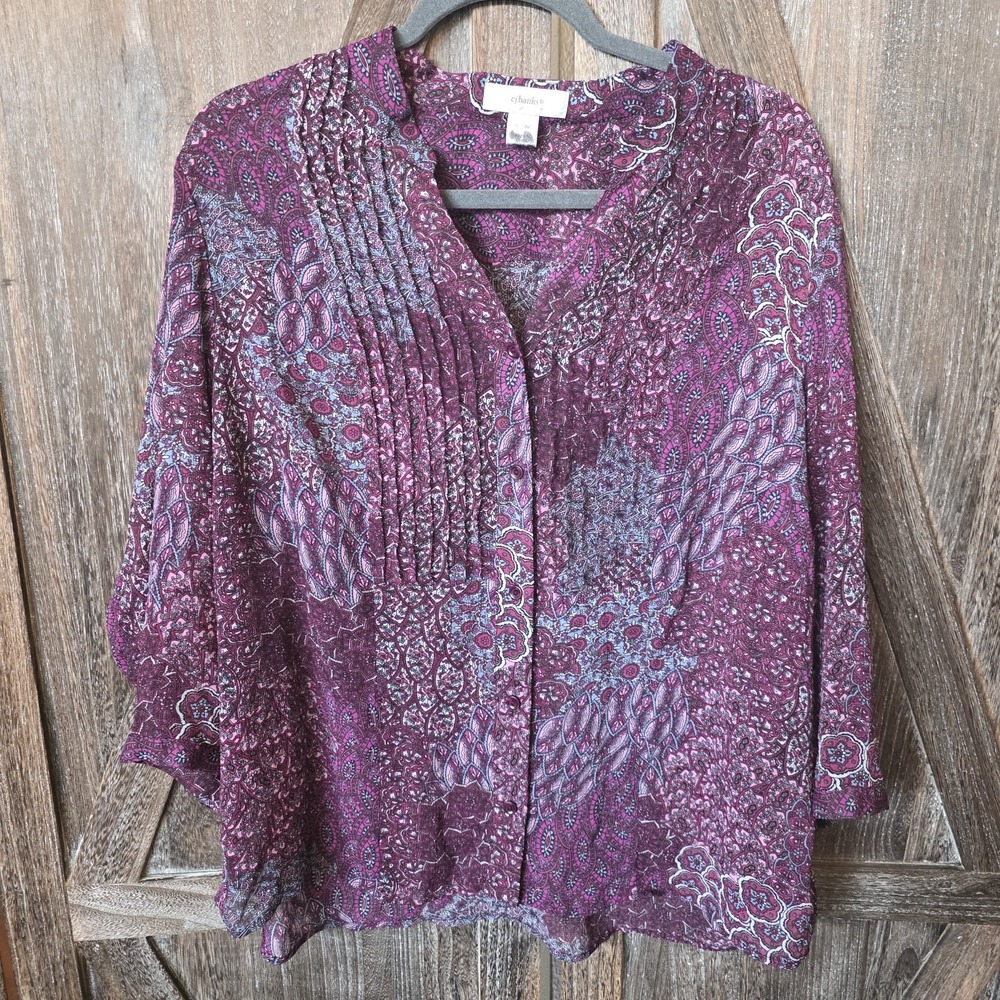 CJ Banks Shirt Women's Size 16/18W Purple Floral Paisley Lightweight Sheer